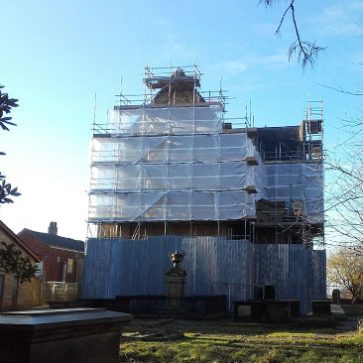 Image showing the scaffold for the restoration works at Dukinfield Unitarian Church