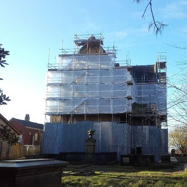 Image showing the scaffold for the restoration works at Dukinfield Unitarian Church