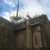 Image looking up at the scaffold custom designed for the project