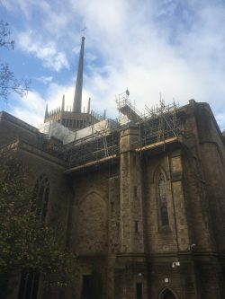 Image looking up at the scaffold custom designed for the project