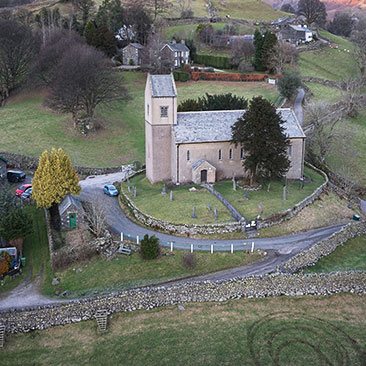 Drone image showing St Cuthbert's, Kentmere