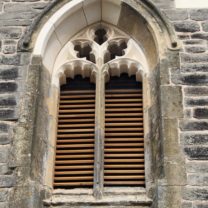 Image of the New Oak Louvres along with new masonry to Bellfry Openings