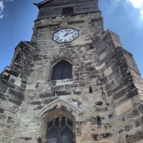 Image looking up at the Tower from ground level at St Leonards