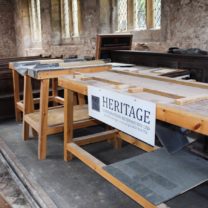 Image showing two of the work benches set up for training days for local residents, schools and the churches conservation trust to provide an insight into the work we were carrying out