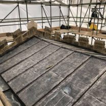 Image showing the Completed Chancel roof under the temporary roof scaffold which was required to keep the church watertight during the duration of the works