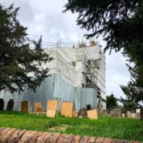 Image showing the full scaffold to enable work to be carried out around the whole exterior of the Church