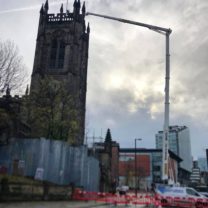 Image showing Road closure and Cherry Picker in action to enable us to lift the new flag pole into position