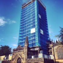 Image of the scaffold up the Tower at Manchester Cathedral